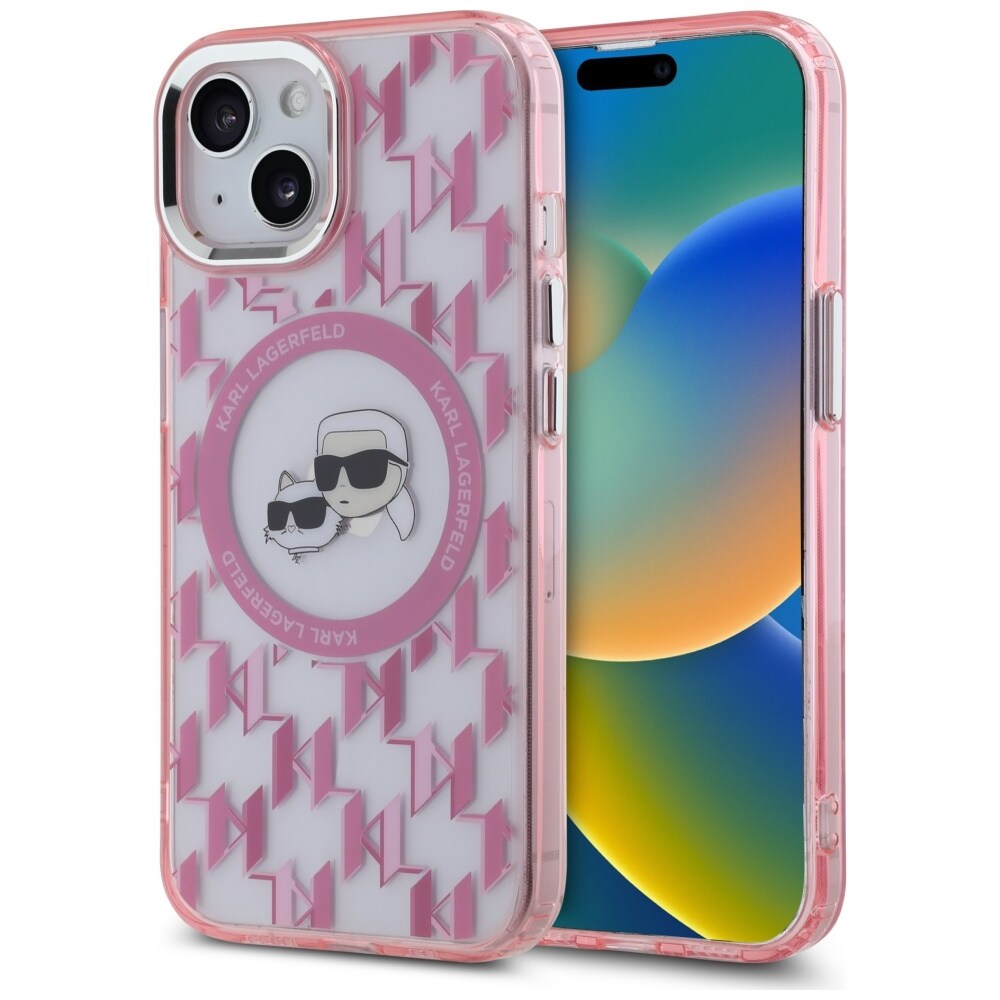 Karl Lagerfeld IML Monogram Karl & Choupette Head MagSafe iPhone 15 Case - vaaleanpunainen