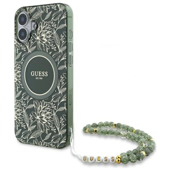 Guess IML Flowers Allover Electro Pearl hihna MagSafe tapauksessa iPhone 16 - vihreä
