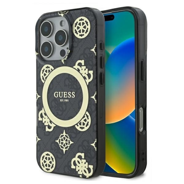 Guess IML Peony 4G-taustalla MagSafe-kotelo iPhone 16 Pro Maxille - musta
