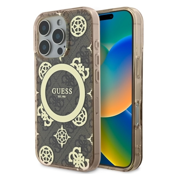 Guess IML Peony 4G-taustalla MagSafe-kotelo iPhone 16 Pro Maxille - ruskea