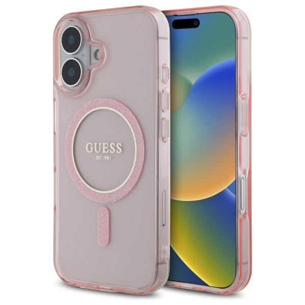 Guess GUHMP16SHFGEREP iPhone 16 6.1" vaaleanpunainen kovakotelo IML Glitter Circle MagSafe