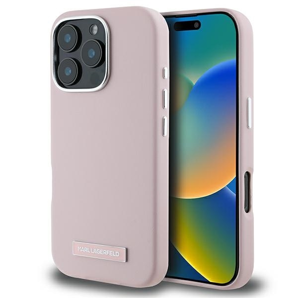 Karl Lagerfeld FW metallilevy MagSafe iPhone 16 Pro Case - vaaleanpunainen
