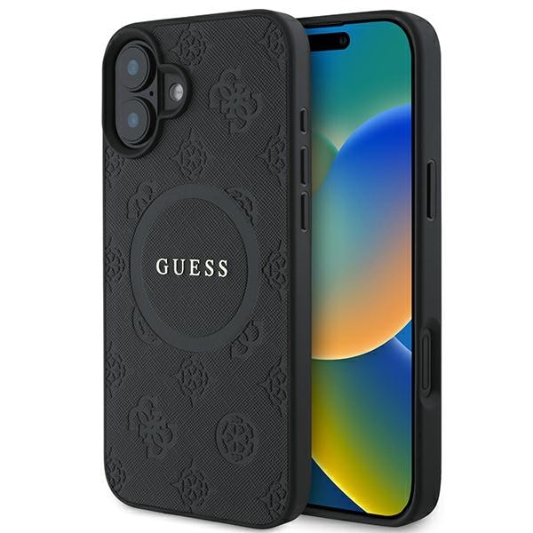 Guess Saffiano Peony Classic Logo MagSafe-kotelo iPhone 16:lle - musta