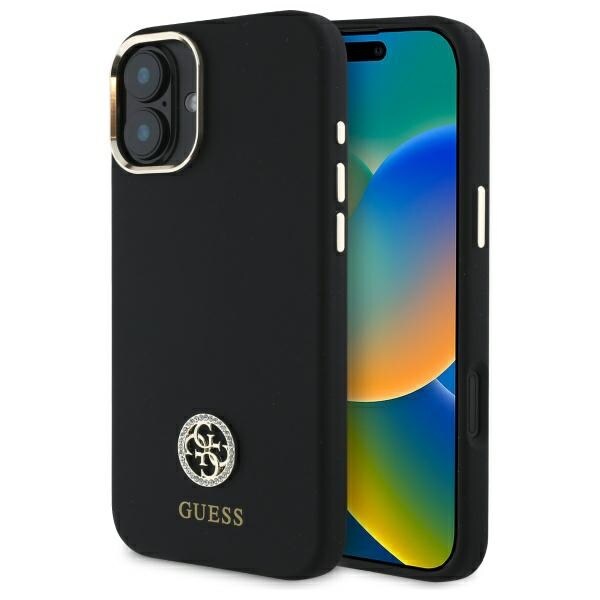 Guess Silikoni Logo Strass 4G Kotelo iPhone 16 - musta