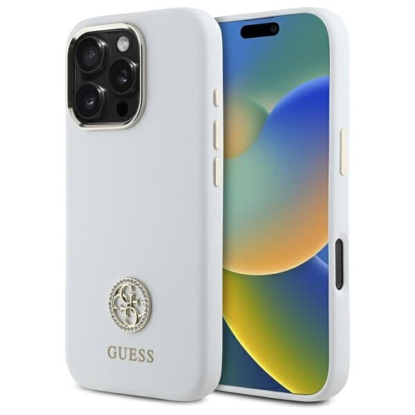 Guess Silikoni Logo Strass 4G Kotelo iPhone 16 Pro Max - Valkoinen