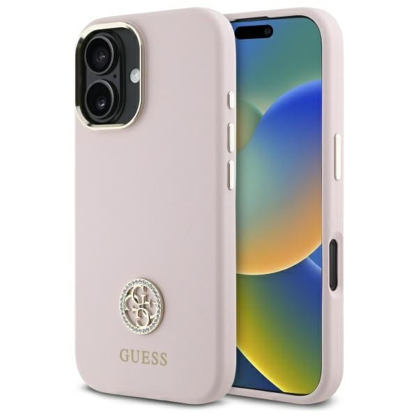 Guess Silikoni Logo Strass 4G tapauksessa iPhone 16 - vaaleanpunainen vaaleanpunainen