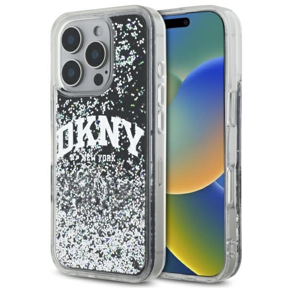 DKNY DKHCP16LLBNAEK iPhone 16 Pro 6.3" musta/musta kovakotelo Nestemäinen Glitter kaari logo