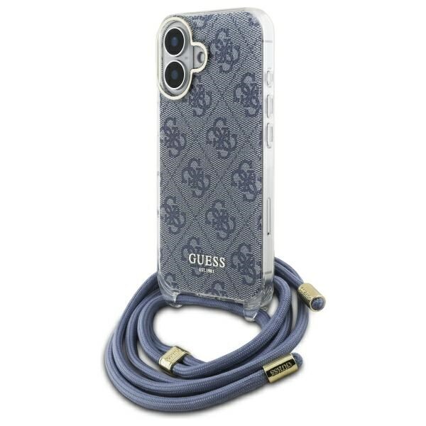 Guess Crossbody Cord 4G-tulostuskotelo, jossa on kiinnityslenkki iPhone 16:lle - sininen