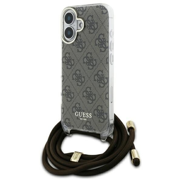 Guess Crossbody Cord 4G Print Case, jossa on kiinnityslenkki iPhone 16:lle - ruskea