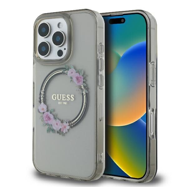Guess GUHMP16XHFWFCK iPhone 16 Pro Max 6.9" musta kovakotelo IML Flowers Wreath MagSafe