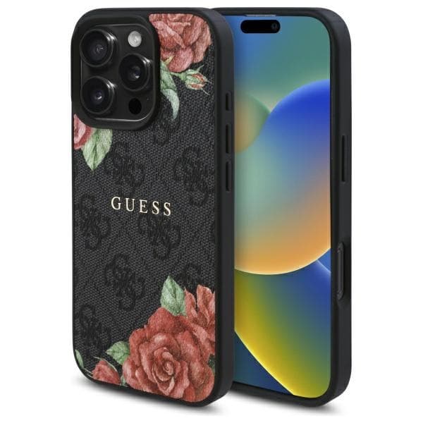 Guess GUHMP16LP4ROPEMCK iPhone 16 Pro 6.3" musta/musta kovakotelo 4G Flowers Print MagSafe