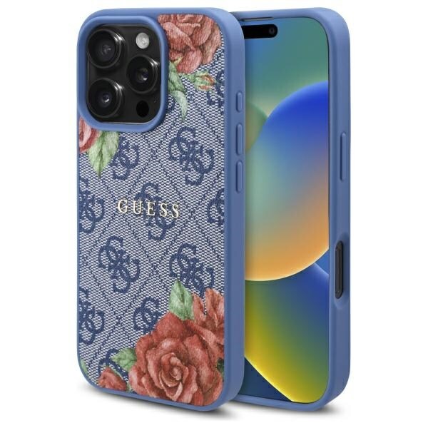 Guess 4G Flowers Print MagSafe-kotelo iPhone 16 Pro:lle - sininen