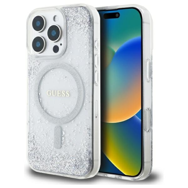 Guess Hartsi Gradient Glitter MagSafe kotelo iPhone 16 Pro:lle - hopea