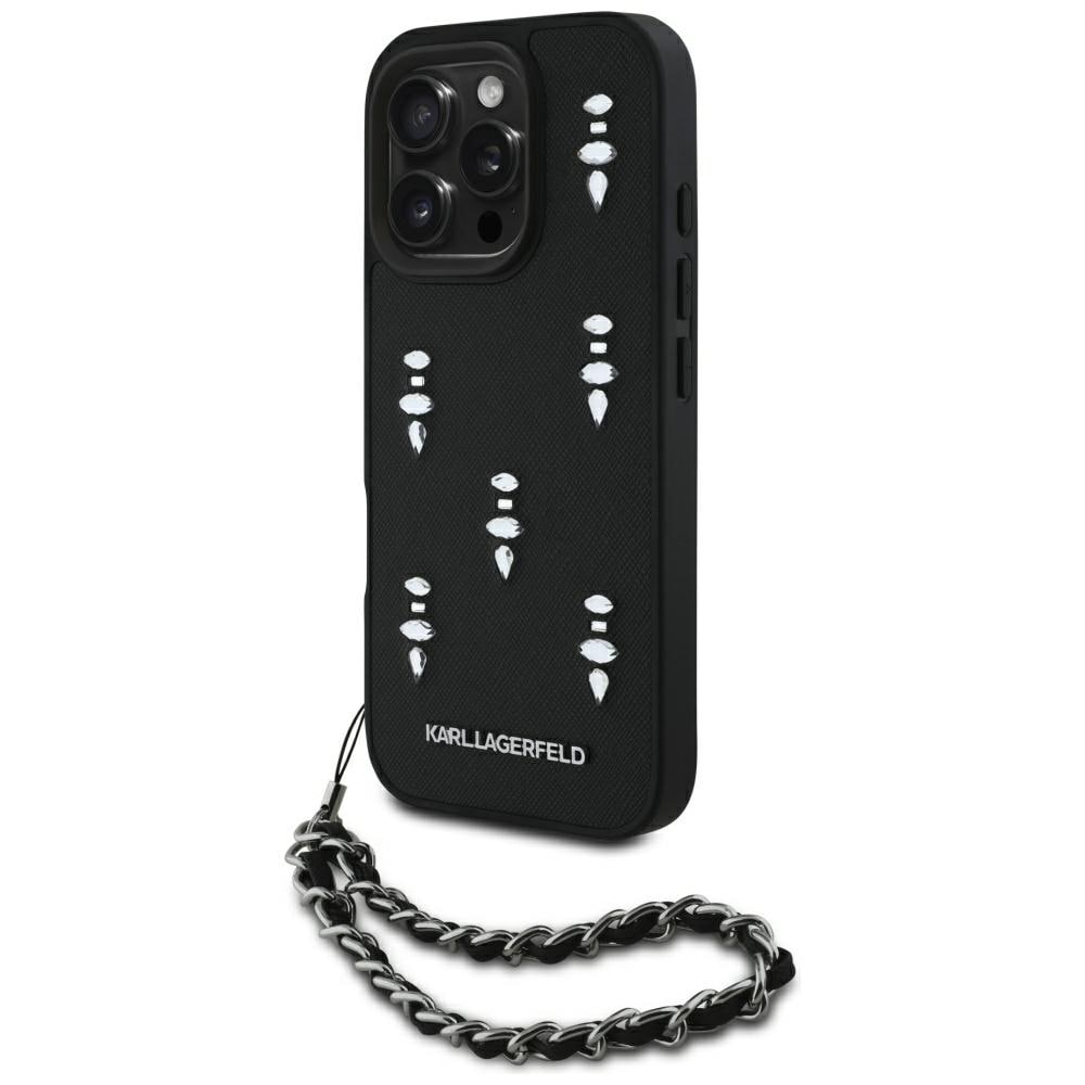 Karl Lagerfeld Saffiano kristallit ja ketju iPhone 16 Pro Case - Musta