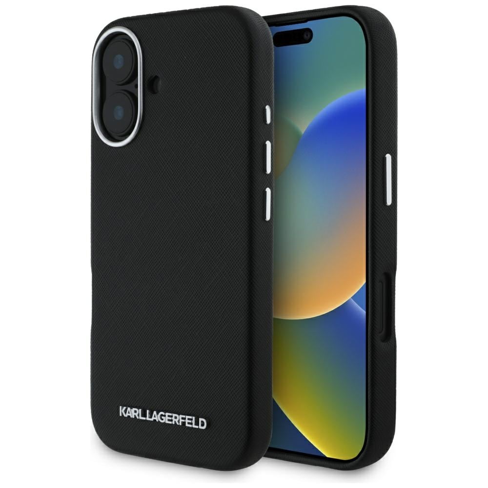 Karl Lagerfeld Saffiano Full Wrapped pitkänomainen Metal Logo MagSafe Case for iPhone 16 - Musta