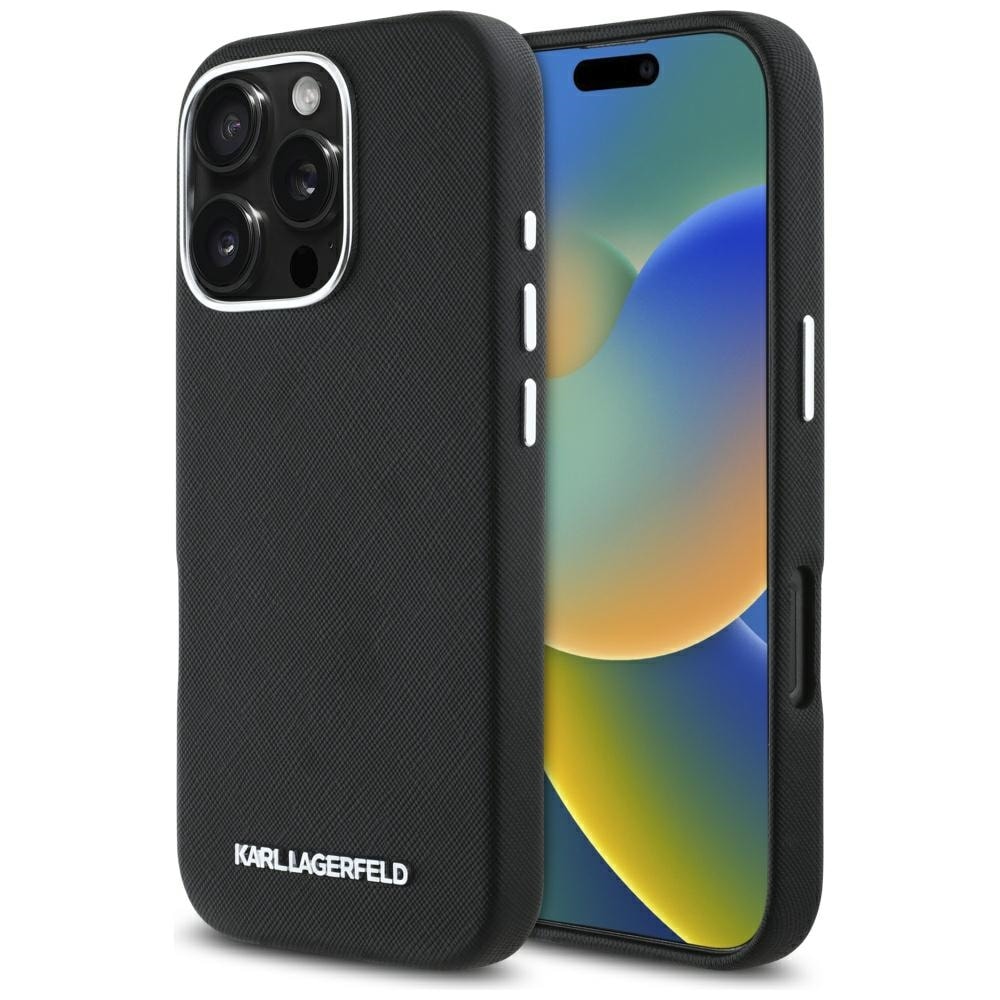 Karl Lagerfeld Saffiano MagSafe -koti iPhone 16 Pro Max, musta, metallilogo, kääritty muotoilu