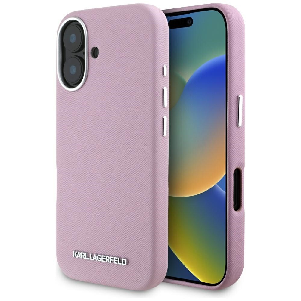 Karl Lagerfeld Saffiano Kääritty MagSafe iPhone 16 Case - Vaaleanpunainen, Metallilogo