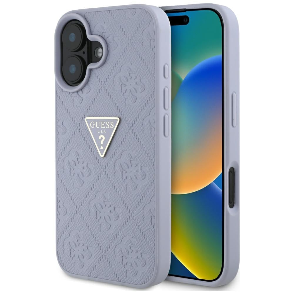 Guess Hot Stamp 4G kuvio kolmio metalli logo iPhone 16 Case - violetti