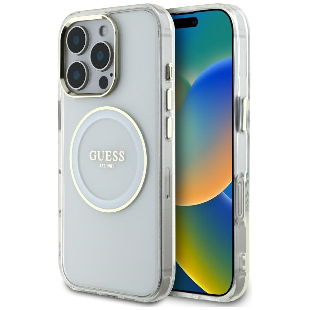 Guess IML Metal Colored Circle Classic Logo MagSafe-kotelo iPhone 16 Pro Max -valkoinen - valkoinen