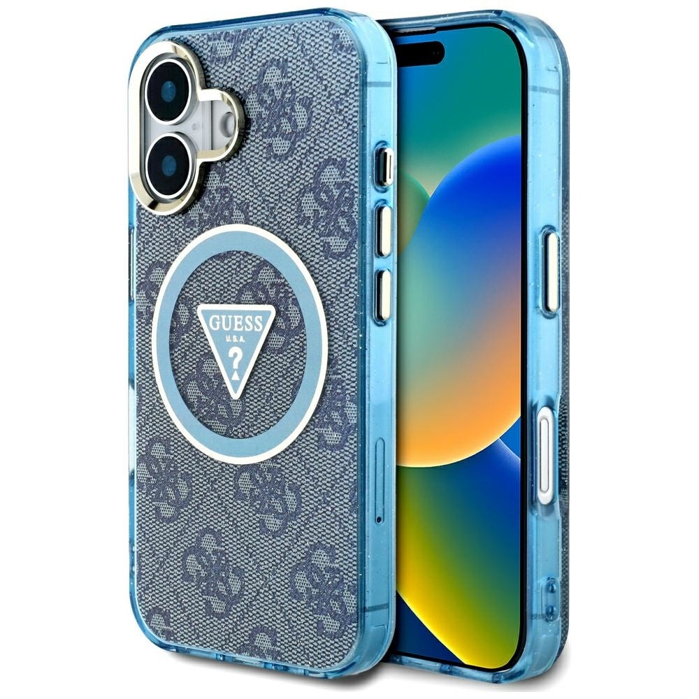 Guess IML Metal Glitter 4G Circle Triangle MagSafe Case for iPhone 16 - sininen