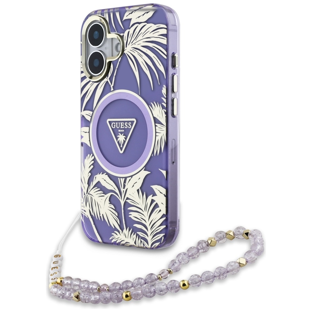 Guess Palm Trees Triangle Pearl Strap MagSafe tapauksessa iPhone 16 violetti