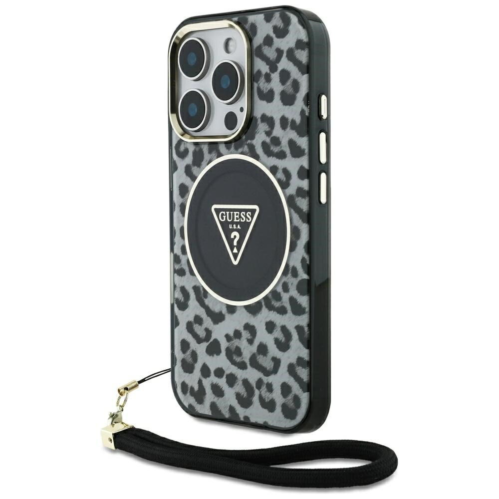Guess HC IML Leopard Triangle johtohihna MagSafe Case for iPhone 16 Pro - Musta