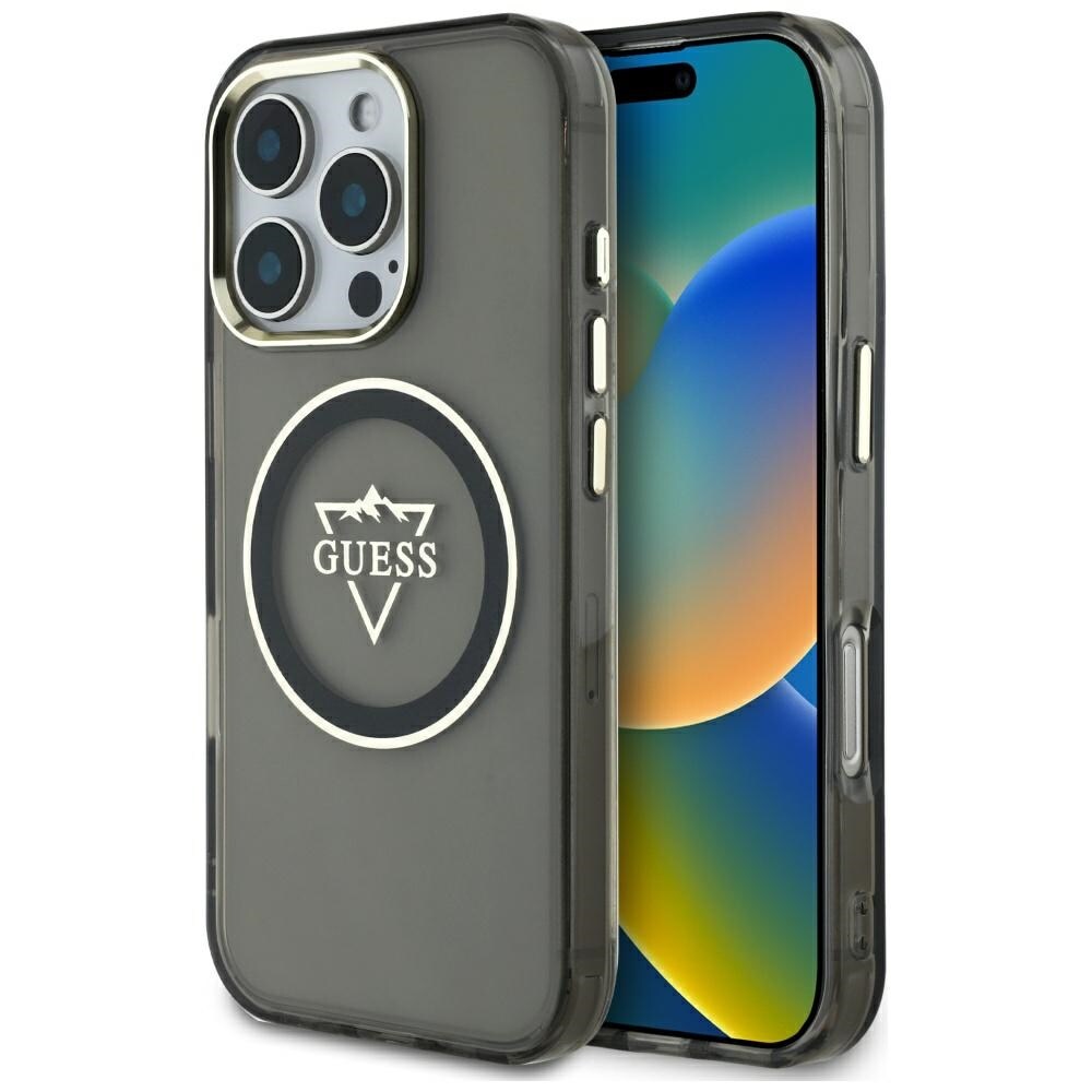 Guess IML Metal Mountain Logo MagSafe iPhone 16 Pro Case - musta