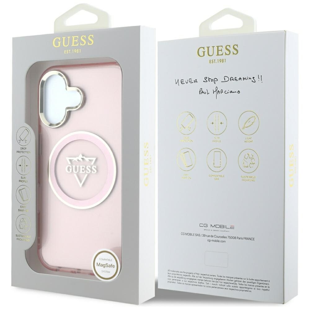 Guess IML Metal Mountain Logo MagSafe iPhone 16 Kotelo - vaaleanpunainen