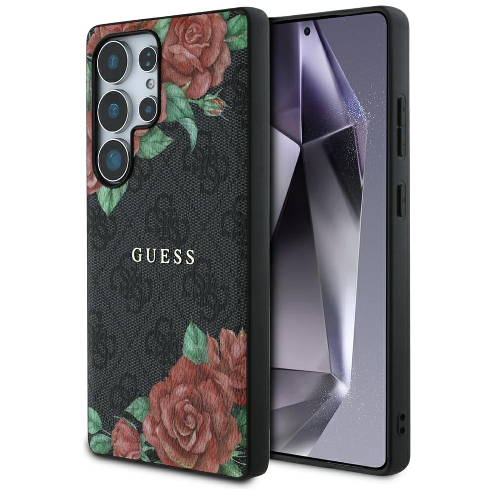 Guess Nahka 4G Flowers Print Metal Classic Logo MagSafe Kotelo Samsung Galaxy S25 Ultra - musta