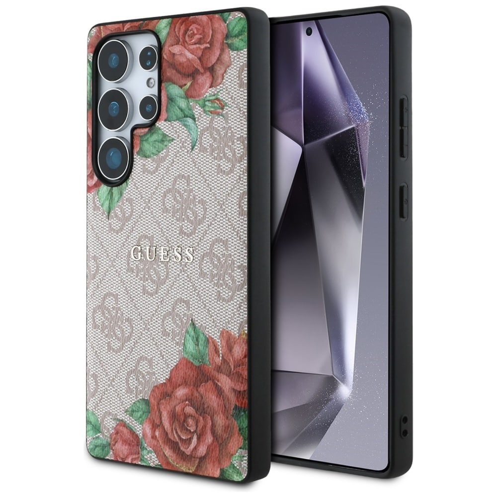 Guess Nahka 4G Flowers Print MagSafe Kotelo Samsung Galaxy S25 Ultra - Vaaleanpunainen