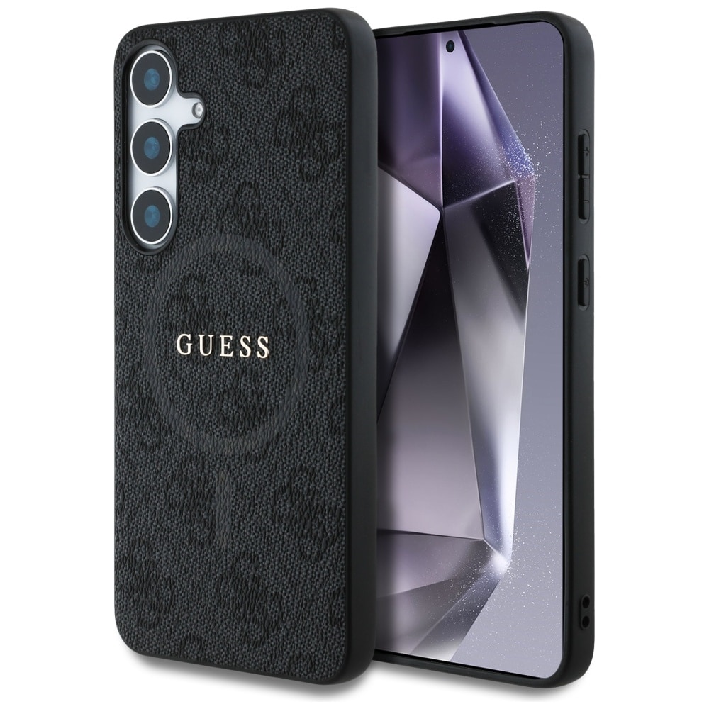 Guess Nahka 4G värillinen rengas Classic Logo MagSafe Case Samsung Galaxy S25 Plus musta