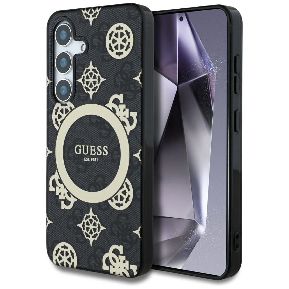 Guess 4G Tausta Kulta galvanoitu pioni kuvio MagSafe tapauksessa Samsung Galaxy S25 musta