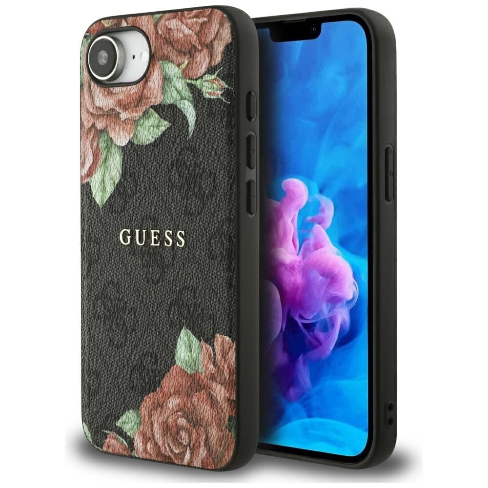 Guess 4G Flowers Print MagSafe-kotelo iPhone 16e:lle - musta