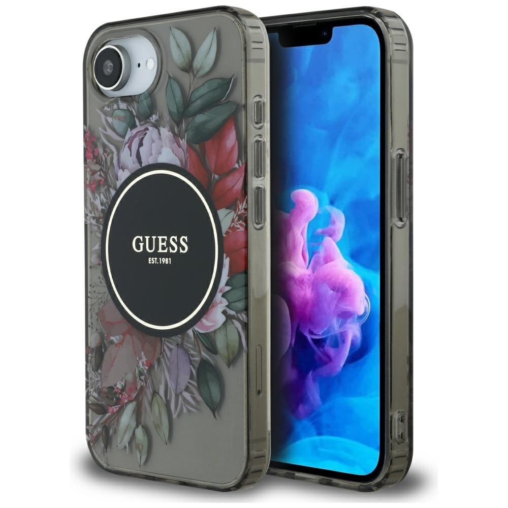Guess IML Flowers MagSafe iPhone 16e Kotelo - Musta