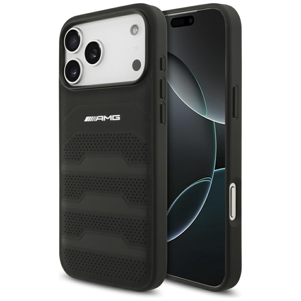 AMG Nahka kohokuvioitu Lines Logo Case for iPhone 17 Pro Max - Musta