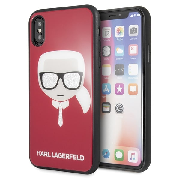 Karl Lagerfeld Iconic Glitter Karl`s Head iPhone X / Xs Kotelo - punainen