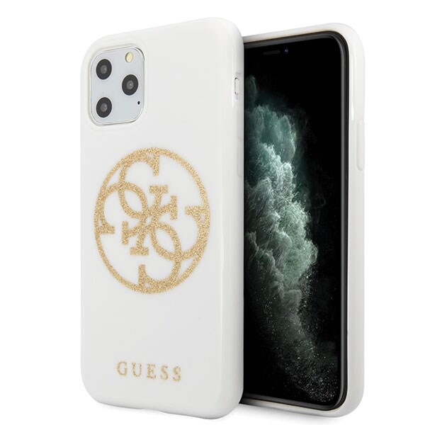 Guess GUHCN65TPUWHGLG iPhone 11 Pro Max valkoinen/valkoinen kova kotelo Glitter 4G Circle logo