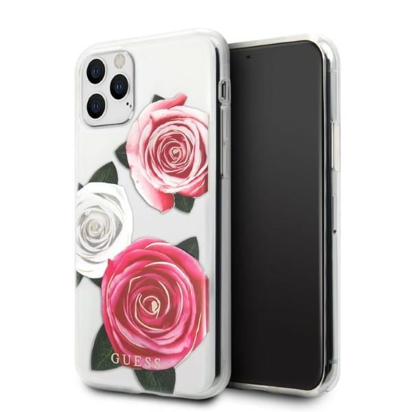 Guess GUHCN58ROSTRT iPhone 11 Pro läpinäkyvä kovakotelo Pink & White Rose Kukkatoive