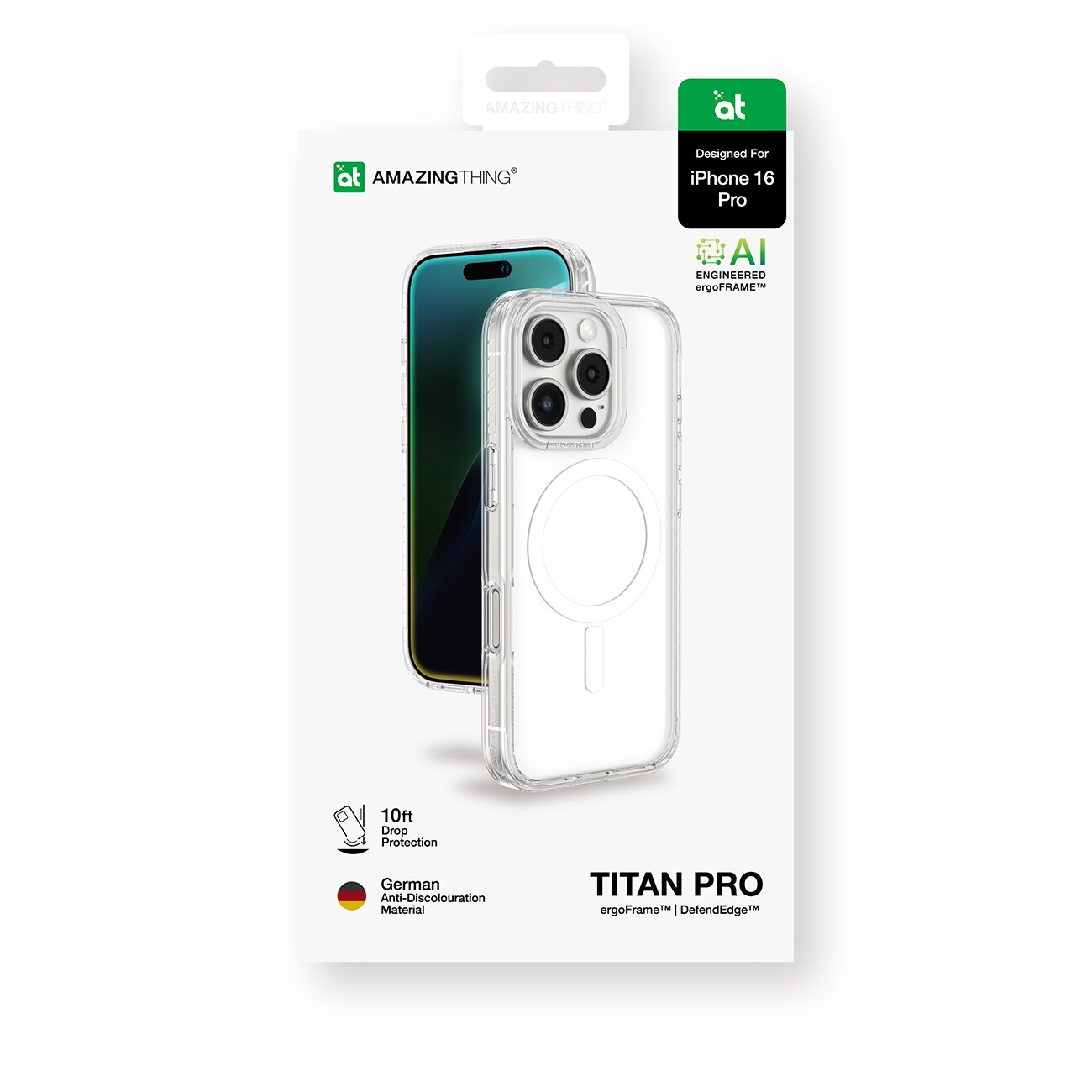 AmazingThing Titan Pro Mag kotelo magneettirenkaalla iPhone 16 Pro:lle - läpinäkyvä