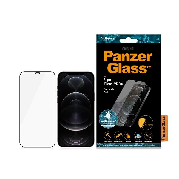 PanzerGlass E2E Super+ Microfracture antibakteerinen lasi iPhone 12/12 Pro, mustalla kehyksellä