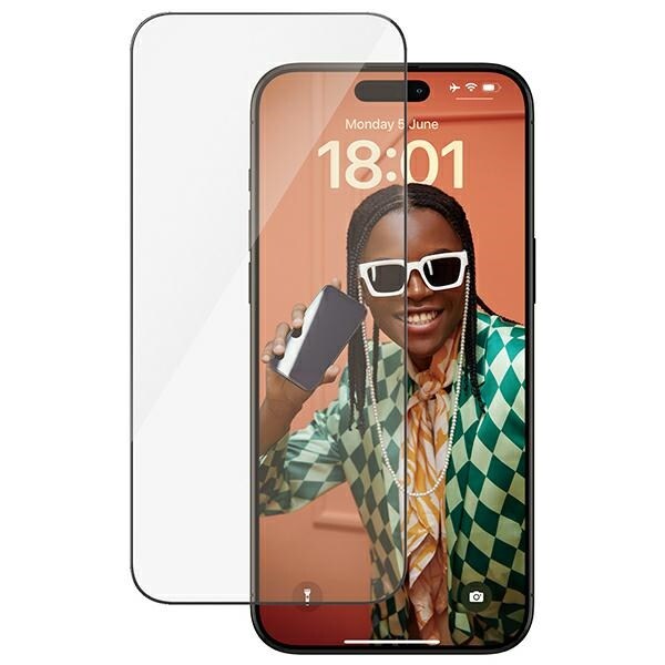 PanzerGlass Ultra-Wide Fit -karkaistu lasi, jossa on paikannuslaite iPhone 15 Pro Max -puhelimelle