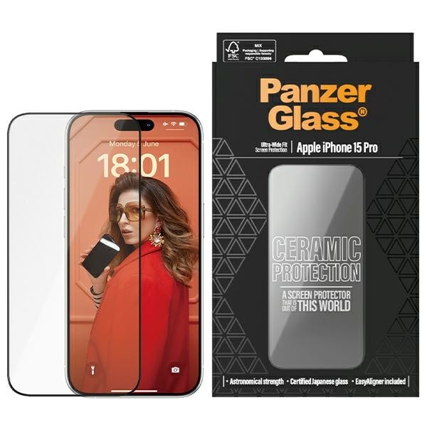 PanzerGlass Keraaminen suojalasi keraamiselle lasille iPhone 15 Pro -laitteelle, jossa on asentaja