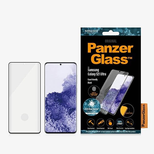 PanzerGlass E2E Microfracture antibakteerinen lasi Samsung Galaxy S21 Ultra mustalla kehyksellä