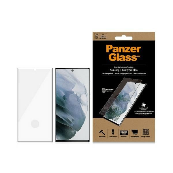 PanzerGlass E2E Microfracture antibakteerinen lasi Samsung Galaxy S22 Ultra mustalla kehyksellä