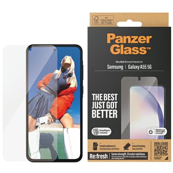 PanzerGlass Ultra-Wide Fit karkaistu lasi, jossa on asentaja Samsung Galaxy A55 5G:lle