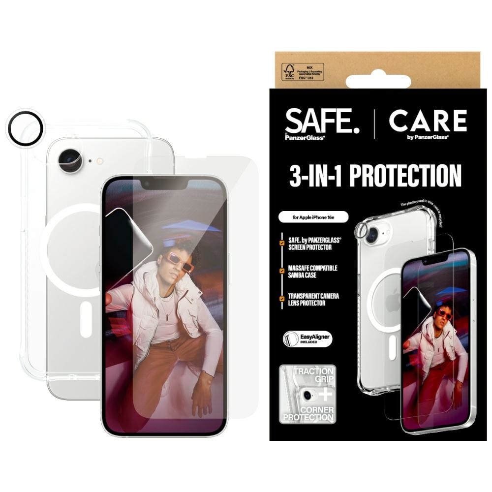 CARE by PanzerGlass Muoti 3in1 Suojaava setti Kotelo+lasi+linssit iPhone 16e - läpinäkyvä
