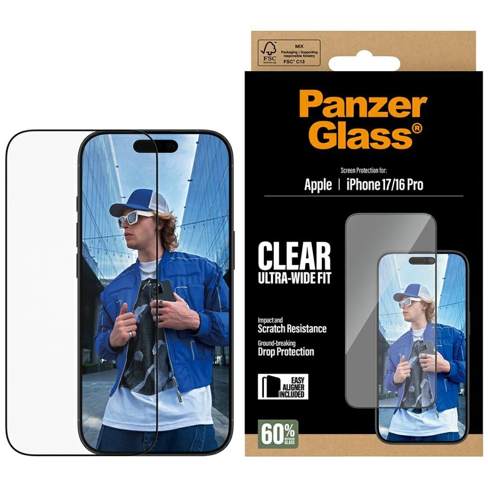 PanzerGlass Ultra-Wide Fit EasyAligner karkaistu lasi iPhone 17 / 16 Pro -malliin