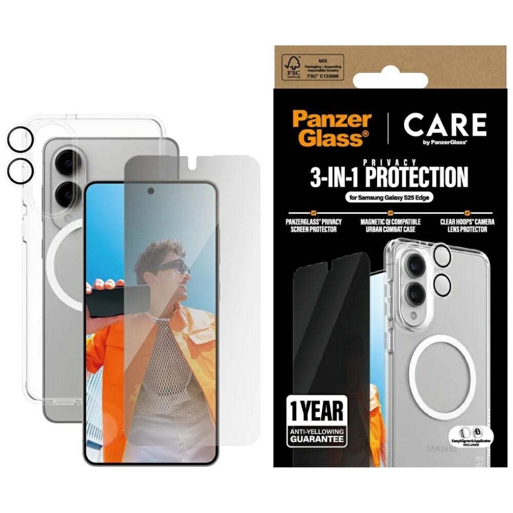 CARE by PanzerGlass 3in1 Kotelo + Yksityisyyslasi + Linssi for Samsung Galaxy S25 Edge - läpinäkyvä