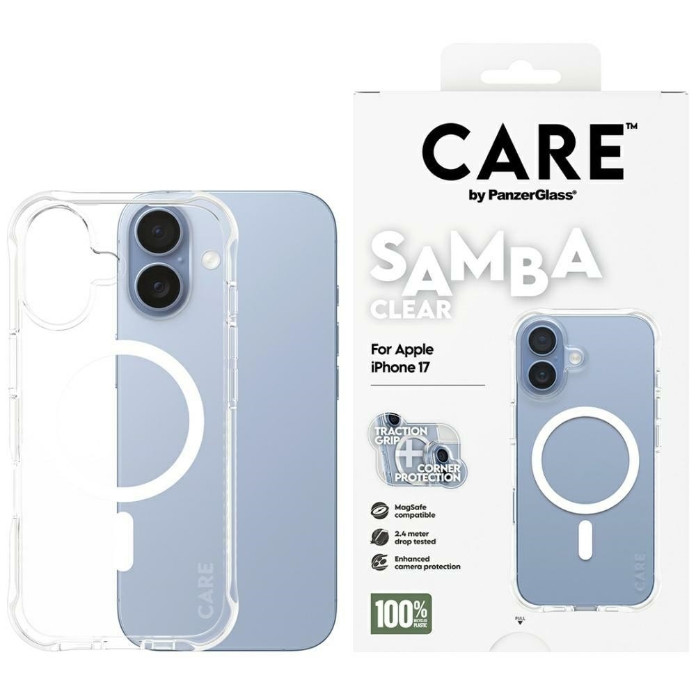 CARE by PanzerGlass Muodikas Samba-kotelo, jossa on valkoinen MagSafe iPhone 17:lle - läpinäkyvä