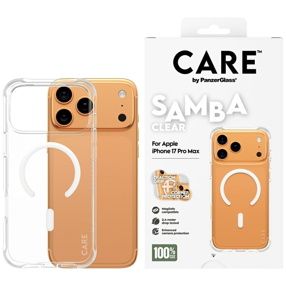 CARE by PanzerGlass Muodikas Samba-kotelo, jossa on valkoinen MagSafe iPhone 17 Pro Max - läpinäkyvä